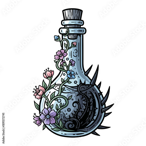 Magical Potion Bottle with Flowers and Spikes, Alchemy Concept