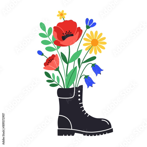 Wildflowers Blooming from Combat Boot, Peace Symbol, Anti-War Concept