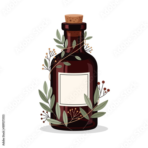Herbal Tincture Bottle with Leaves and Berries, Apothecary Medicine Jar