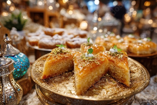 Delicious Baklava with Pistachios and Almonds Served on a Decorative Golden Plate, Surrounded by Traditional Middle Eastern Desserts and Soft Ambient Lighting
