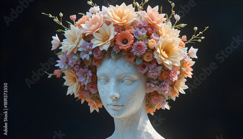 Stunning floral sculpture of woman's head with vibrant flowers