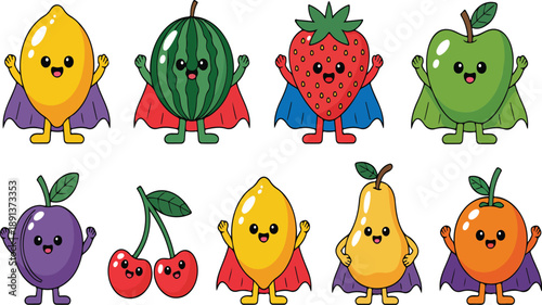 Cute Superhero Fruit Characters Vector Set – Apple, Lemon, Strawberry, and Watermelon