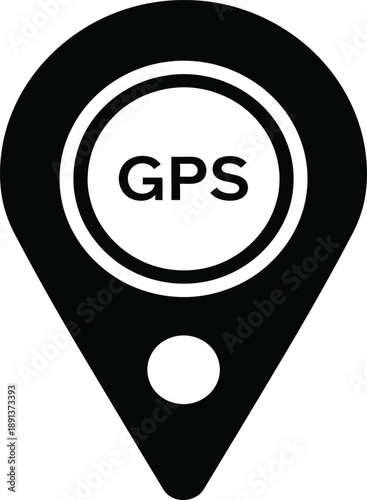 GPS location marker icon with text indicating navigation and pinpointing coordinates for travel