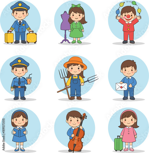 Cute kids professions characters collection showing jobs hobbies and daily activities cartoon vector illustration