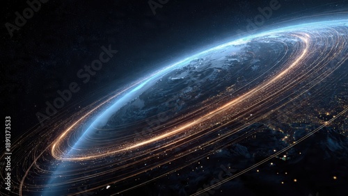 A mesmerizing view of Earth with luminous rings, showcasing a cosmic perspective and the beauty of space.