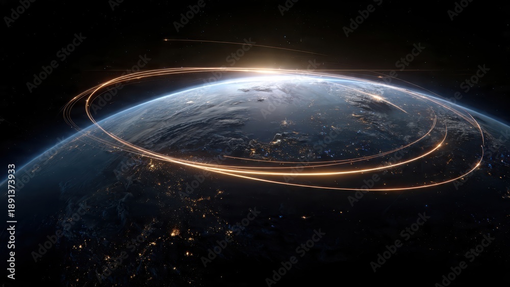 Fototapeta premium A stunning view of Earth from space, showcasing illuminated continents and dynamic orbital paths, highlighting the beauty of our planet and the vastness of the universe.