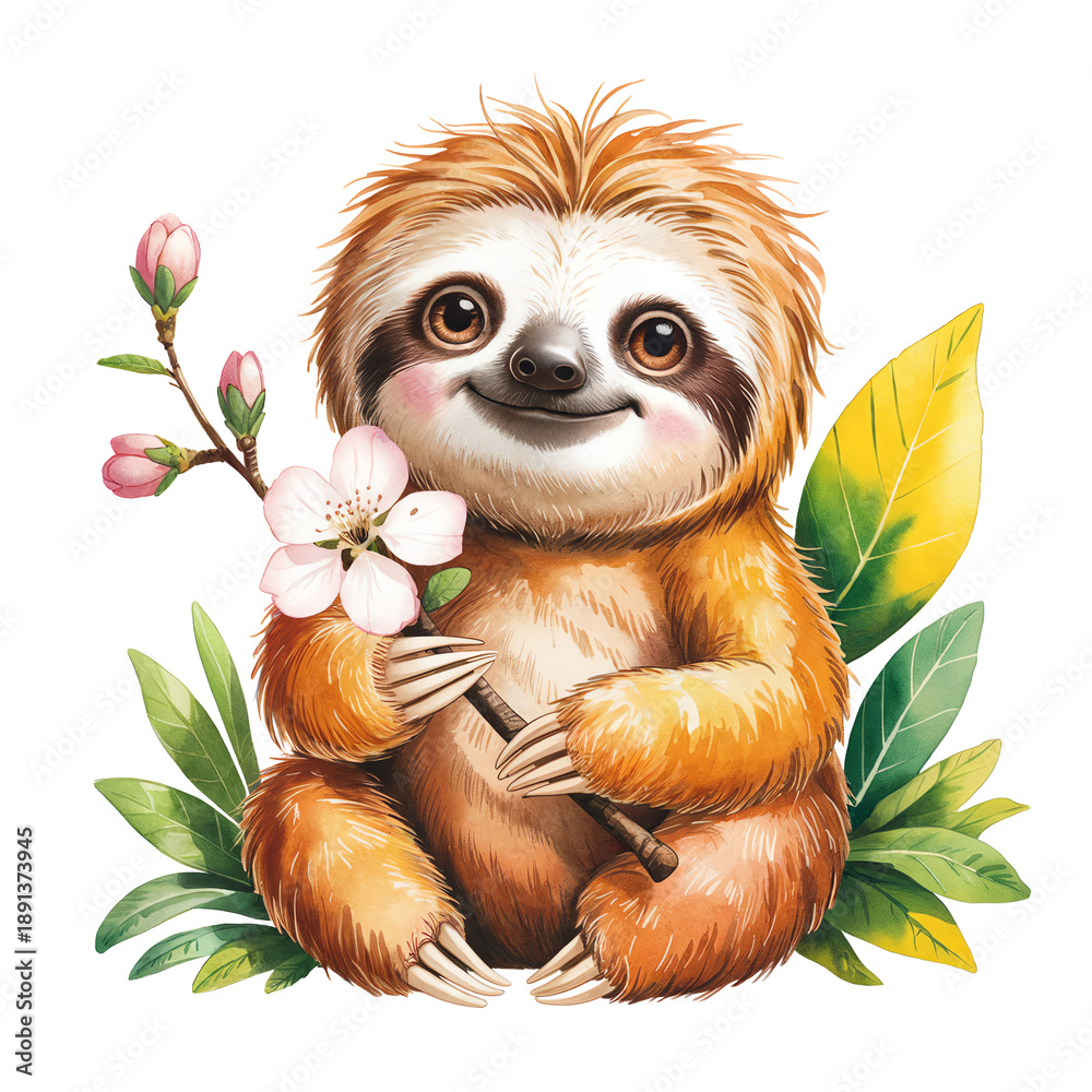 Fototapeta premium A charming sloth holds a delicate flower while sitting among vibrant leaves. Its warm fur and gentle expression create a heartwarming scene.