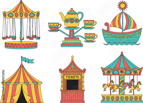 Colorful amusement park carnival rides and circus attractions collection playful vector illustration set