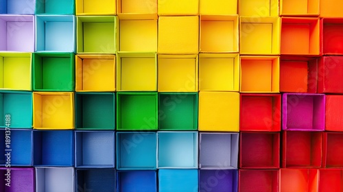 Colorful cube background with vibrant rainbow-colored block wall, featuring bright multicolored cubes arranged in a playful pattern for creative design and decorative use