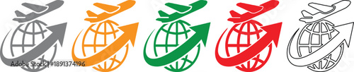 Airplane flying around the globe icons in different colors