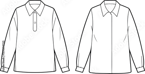 Men’s Long Sleeve Shirt Outline Manual Design Set Collar and Placket Variations