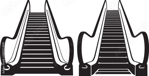 Black and white vector illustration of two escalators on a white background, showing upward and downward movement and transportation.