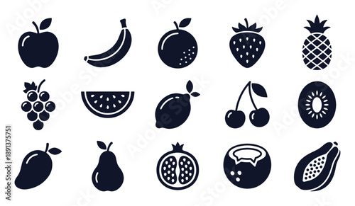 Fruit icon set. Glyph black silhouettes - apple, banana, orange, strawberry, pineapple, grape, watermelon, cherry, lemon, kiwi. Flat vector pictograms