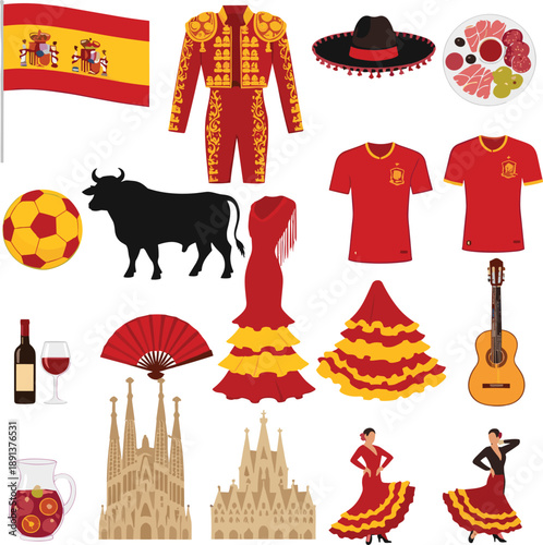Spanish culture icons set with flamenco dress bull football wine guitar and landmarks vector illustration