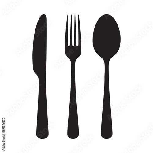 Black silhouette of fork, spoon and knife on white background