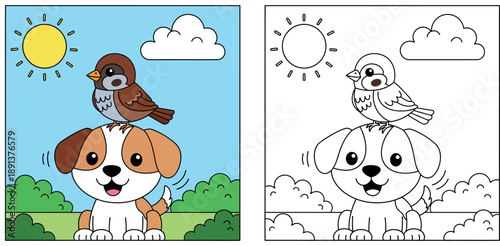 Cute cartoon puppy dog smiling with small brown sparrow bird sitting on head in nature park sunny day background vector illustration