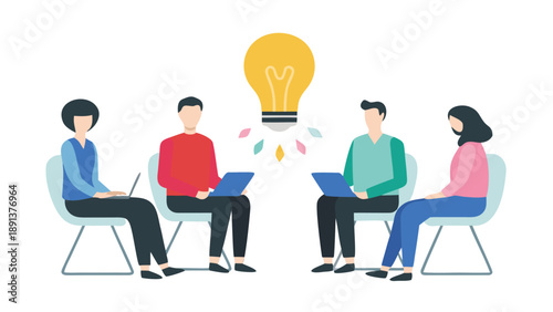 Four adults brainstorming with laptops and a lightbulb idea