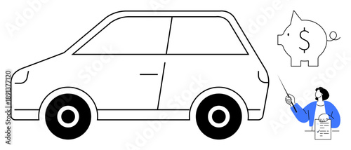 Black-and-white car outline, piggy bank with dollar sign, professional presenting contract. Ideal for finance, auto loans, budgeting, savings, economy, leasing solutions simple flat metaphor