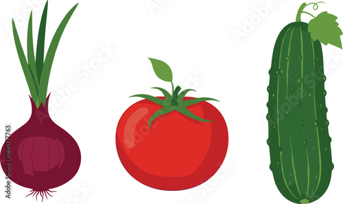 Fresh vegetables collection with onion tomato and cucumber isolated healthy food vector illustration