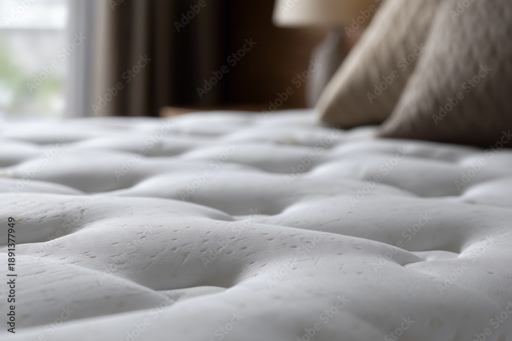Fototapeta premium Close-up of a plush white mattress surface with tufted details and soft lighting