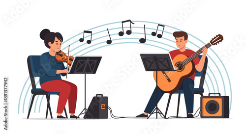 Musicians perform together on stage with violin and guitar in harmony