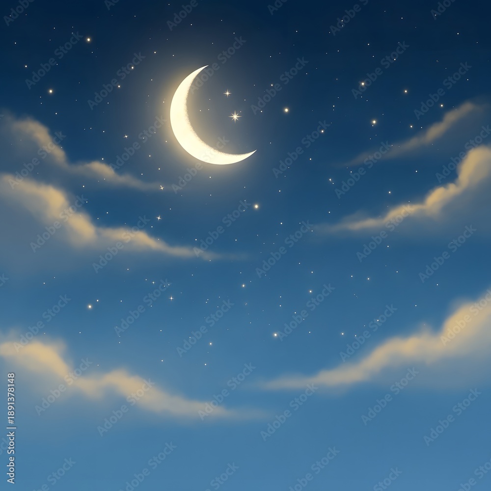 Naklejka premium A serene night sky with a crescent moon shining brightly among the stars and clouds