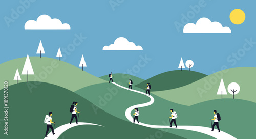 People walking on a winding path through green hills and trees on a sunny day with clouds in the sky
