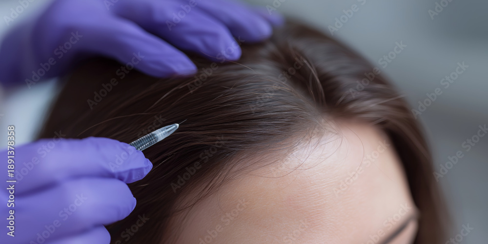 Fototapeta premium Close-up of a medical professional performing a hair transplant procedure on a patient's scalp