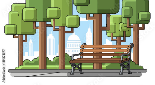 Illustration of a wooden bench surrounded by trees in a park with cityscape in the background viewed from a slight angle