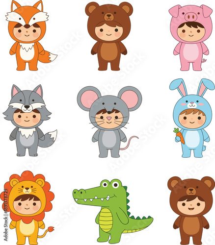Cute kids wearing animal costumes collection with fox bear pig rabbit lion and crocodile cartoon vector illustration
