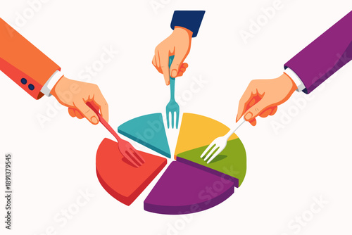 Three businesspeople sharing a colorful pie chart with forks