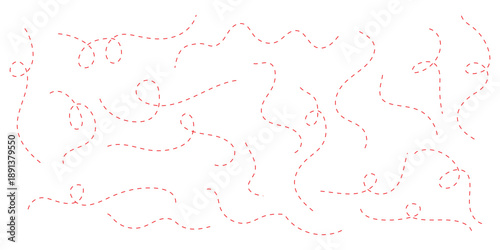 Hand drawn curve dotted line set, Red Dotted lines path on white background.