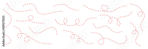 Hand drawn curve dotted line set, Red Dotted lines path on white background.