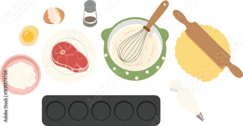 Cooking and baking ingredients tools collection with whisk rolling pin meat and eggs vector illustration