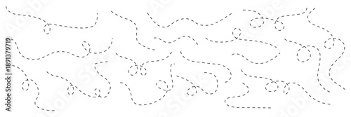 Hand drawn curve dotted line set. Curly dotted lines. Long dashed hand drawn squiggle. Dotted spiral curve line. Vector illustrator.