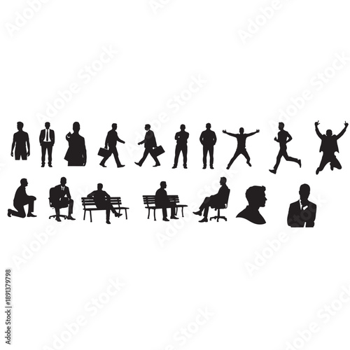 Diverse set of people silhouettes black vector figures in various poses ideal for UIUX design and ar