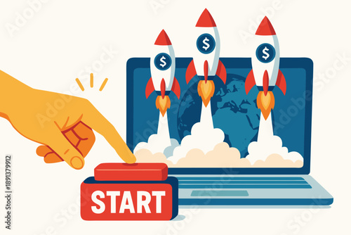 A hand pressing a start button to launch rockets from a laptop