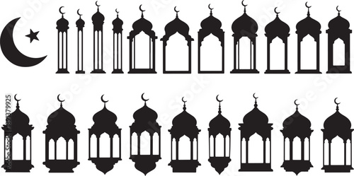 Muslim crescent moon star and lantern silhouette collection for ramadan festival and islamic holiday decor
