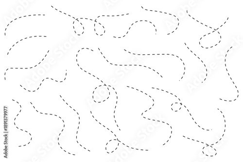 Hand drawn curve dotted line set. Curly dotted lines. Long dashed hand drawn squiggle. Dotted spiral curve line. Vector illustrator.