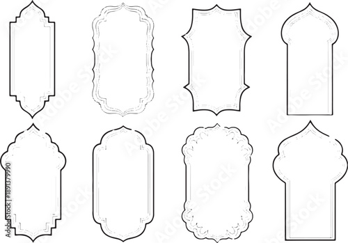 Set of eight islamic arabic ornamental frames border, elegant muslim pattern frame, traditional window or door shapes