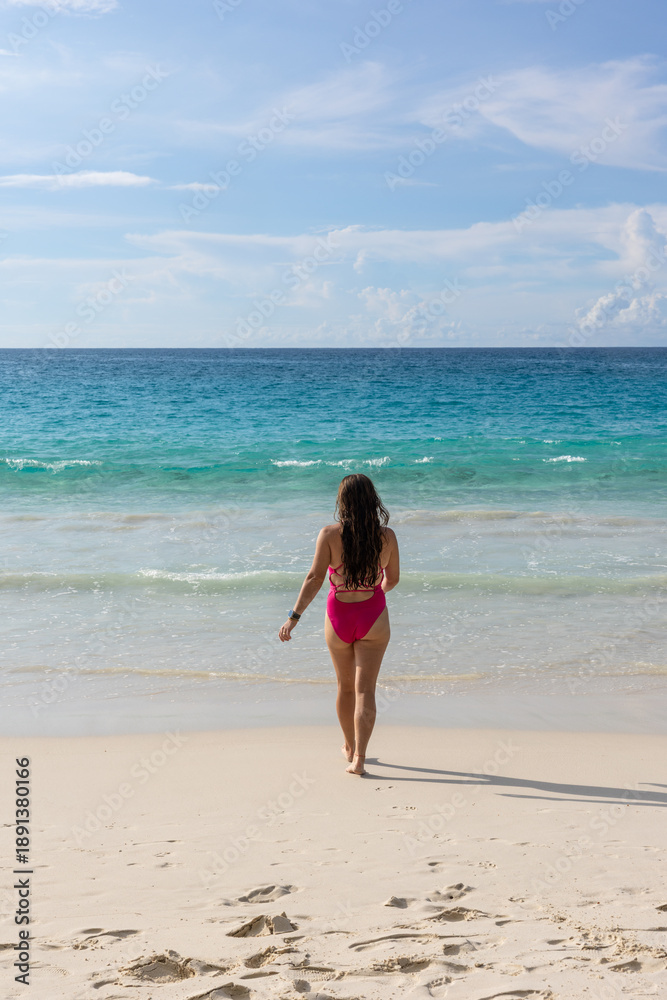Fototapeta premium Praslin Island Anse Lazio Seychelles Woman Swimming Beach