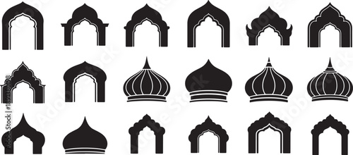 Collection of ornate arches and domes in silhouette for architectural design