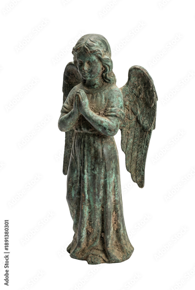 Obraz premium Weathered bronze praying angel statue isolated. Religious sculpture.