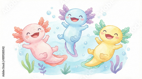 Very happy joyful cute cartoon axolotl underwater