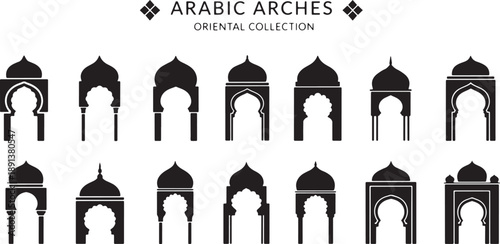 Arabic arches oriental collection. set of traditional islamic mosque and window frames in silhouette style