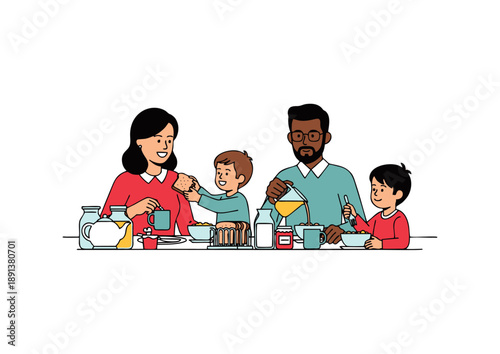 Family enjoying breakfast together, parents and children seated at a table, sharing a meal and bonding
