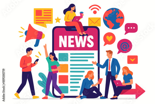 A group of people surrounding a large smartphone with news and social media icons