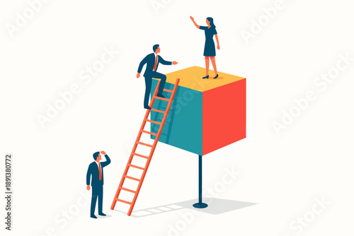 Three business professionals working together to reach new heights