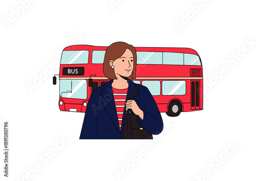 Modern woman commuting in a bustling city, with an iconic red double-decker bus symbolizing urban travel and public transportation and daily routine