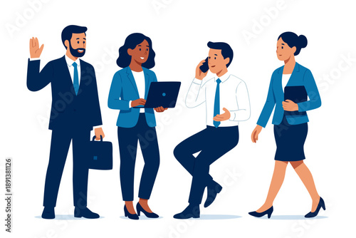 A group of diverse business professionals standing together in formal attire